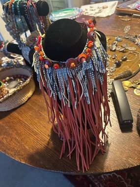 Handcrafted Boho Fringe Necklace - Red with Orange Accents